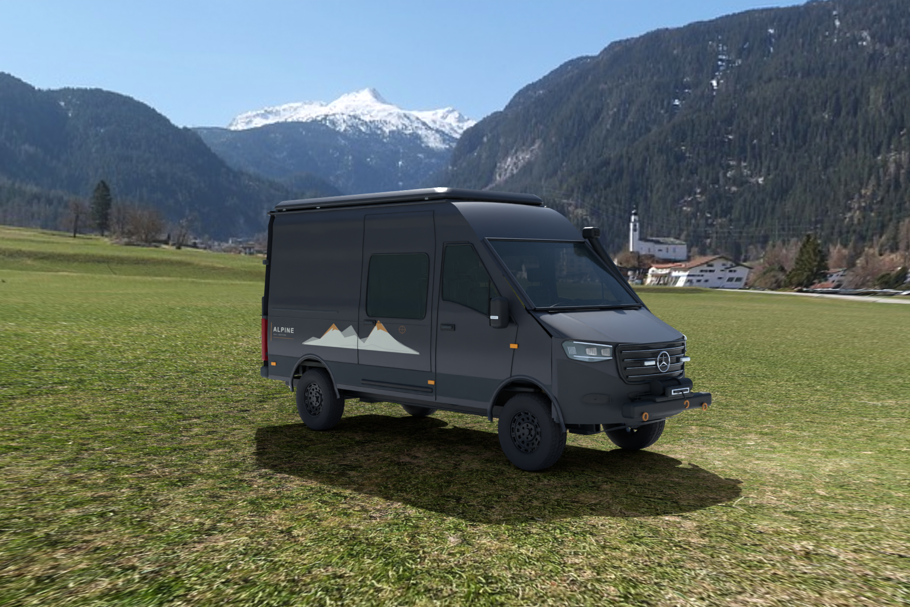 Sprinter d’expédition dans un décor de montagne